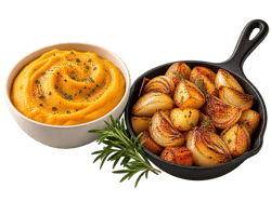 Cremiges Kürbispüree mit Rosmarin und Röstkartoffeln Cremiges Kürbispüree mit Rosmarin und Röstkartoffeln